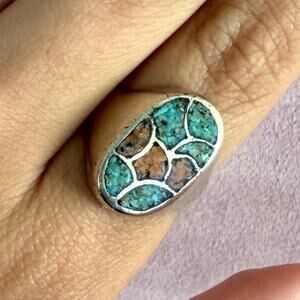 navajo sterling silver vintage crushed turquoise & coral signet ring size 9